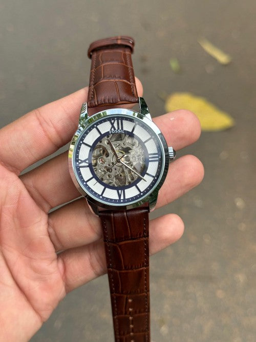 Fossi l Open Machine Automatic Silver Brown Leather